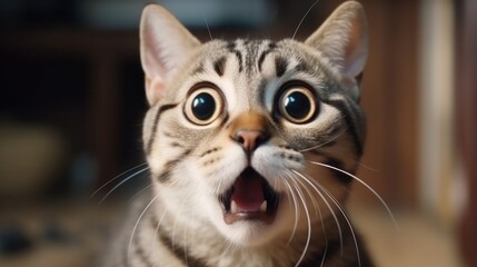 surprised cat make big eyes. American shorthair surprised cat or kitten funny face big eyes, cute, domestic, kitten, feline, Emotional surprised, kitty, wow. - obrazy, fototapety, plakaty