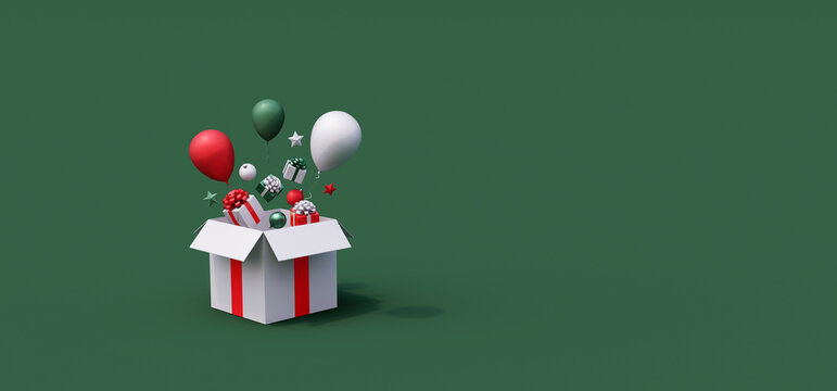 Balloons and gifts pop out from the box on green background with copy space 3d render 3d illustration