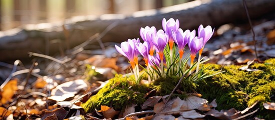 Late winter in a forest showcases vibrant crocuses with hues of purple