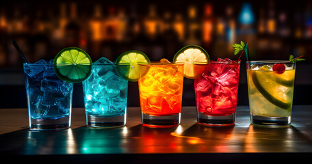 many cocktails, exotic drinks, alcoholic drinks bar, multi colored cocktails