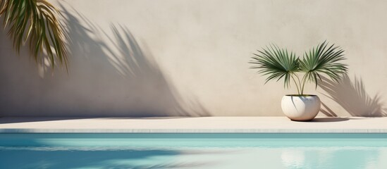 A neutral architectural aesthetic is depicted in an outdoor vacation holiday house scene featuring a tropical summer backdrop consisting of a concrete wall pool water and the shadow of a pal