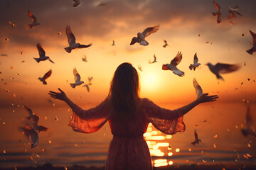 Woman praying and free bird enjoying nature on sunset background, hope concept