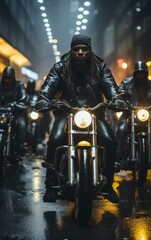 Fototapeta na wymiar group of tough bikers in the bustling streets of a evening city
