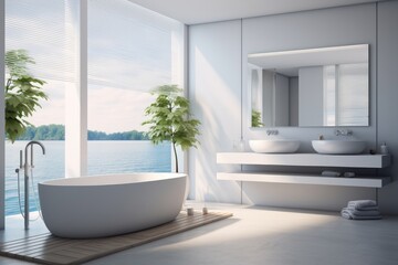 Fototapeta na wymiar Luxurious bathroom interior with bathtub and beautiful view