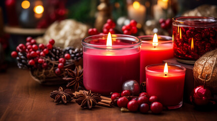 Obraz na płótnie Canvas Christmas candles and ball decorations light the background.