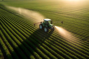 Tractor spray fertilizer on green field drone high angle view, agriculture background concept. - obrazy, fototapety, plakaty