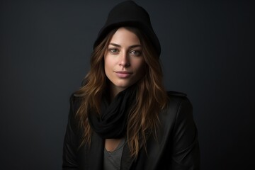 Portrait of a beautiful young woman in a black coat and a hat.