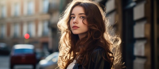 Concept of freshness serenity and carefreeness exemplified by a youthfully stunning Caucasian girl with brown hair currently engaged in striking poses and strolling through the city streets 