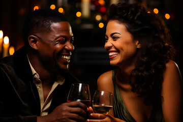 Black couple drinking wine at Christmas