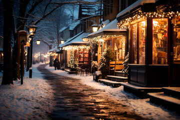 Fototapeta na wymiar Snowy street with shop windows and Christmas decorations