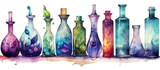 Gorgeous glass bottles tinted with watercolor for fragrance and magical concoctions found in fantasy games within the alchemy lab used for enchanting elixirs - obrazy, fototapety, plakaty