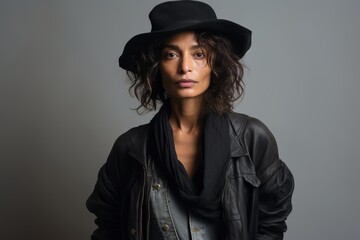 Beautiful young African-American woman in hat and leather jacket looking at camera.