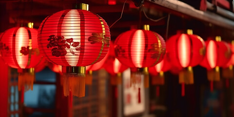 Row of hanging Chinese paper lanterns, decorations to celebrate the Chinese New Year