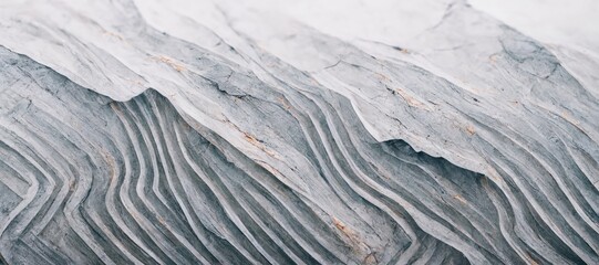 Fototapeta premium Minimal grey cracked slate stone close up texture, weather erosion chipped shale rock sheets, wavy layered formation geology pattern. 