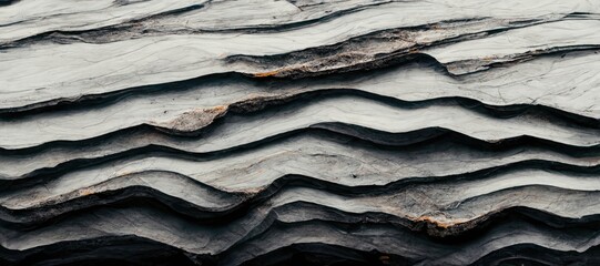 Minimal grey cracked slate stone close up texture, weather erosion chipped shale rock sheets, wavy layered formation geology pattern.  - obrazy, fototapety, plakaty