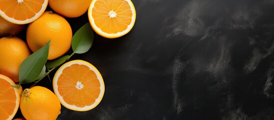 A high angle view captures the entirety of Sicilian oranges both whole and sliced artfully arranged on a black slate background
