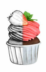 Cupcake with strawberry on white background, combination of photo and sketch