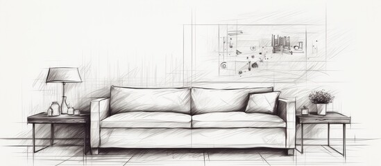 Sketch of a contemporary interior space Sofa and table meticulously hand drawn