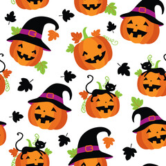 Halloween Cute Pumpkins Seamless Pattern with Cat- Halloween Vector Illustration 