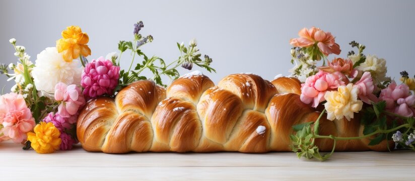 On a white table fresh flowers adorn the homemade challah for Shabbat
