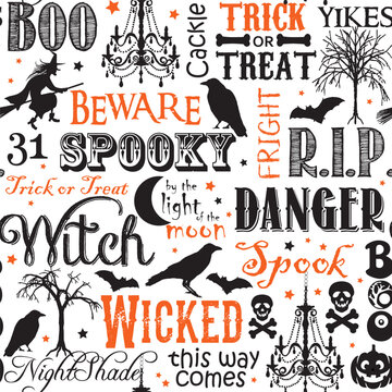 Seamless Pattern of Different Halloween Wordings with witch, crow, chandelier light, and bat- Halloween Wordings Vector Design