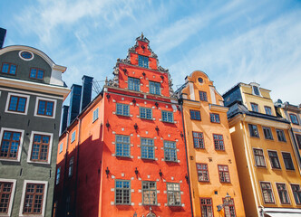 Colourful buildings Stortorget, Stockholm, Sweden. Old town, Gamla Stan. - obrazy, fototapety, plakaty