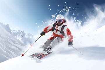Fototapeta na wymiar Skier performing spectacular jump on snow mountain, extreme sport