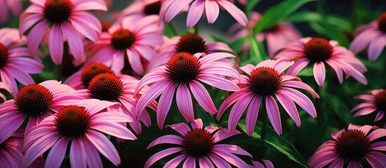 Obraz premium A garden showcases coneflowers in shades of both pink and purple shown from a moderately wide perspective