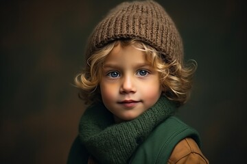 Portrait of a cute little boy with blond curly hair in a warm knitted hat and scarf on a dark background