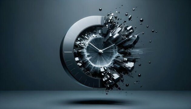 Duality of Time Captured in a Monochromatic Exploding Clock Design, Symbolizing Eternal Moments Amidst Change (Abstract Conceptual Artwork)