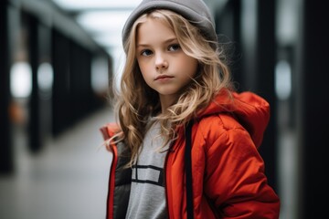 portrait of cute little girl in red jacket and grey hat looking at camera