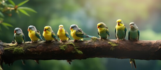 Parrots relatives parakeets are diminutive avian creatures They possess notable intellect and exhibit sociability thriving in expansive flocks The activity of observing Indonesian birds - obrazy, fototapety, plakaty