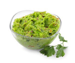 Bowl of delicious guacamole with parsley isolated on white