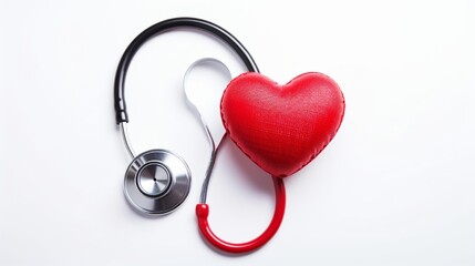 Medical stethoscope and heart on white background.