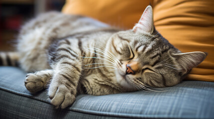 ソファーで横になってダラダラしているグレーの島のある猫さん