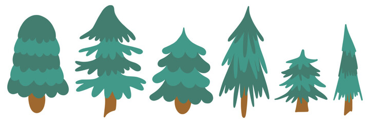 Fototapeta premium Collection Christmas Fir Tree. New year green sketch cute set. Firtree or pine. Xmas cozy spruce decoration hand drawn graphic elements. Cartoon drawing doodle vector illustration.