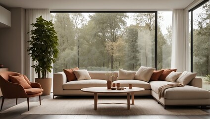 Modern living room with warm color sofa against a large glass window