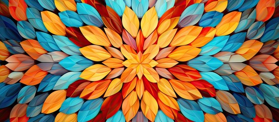 An image depicting a mosaic design showcasing an abstract kaleidoscope pattern The retro style background mosaic exhibits decorative patterns and bright flowers