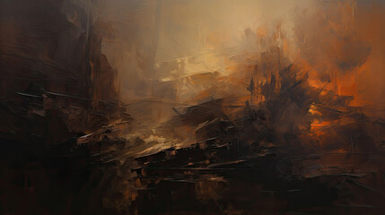 a painting of a dark and orange landscape. Expressive Amber color oil painting background