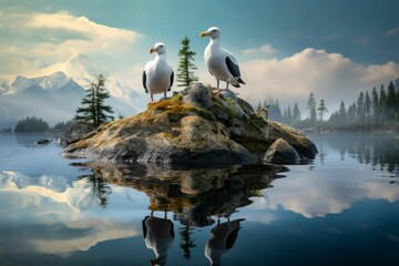 AI generated illustration of two seagulls perched on a rock in a lake - obrazy, fototapety, plakaty