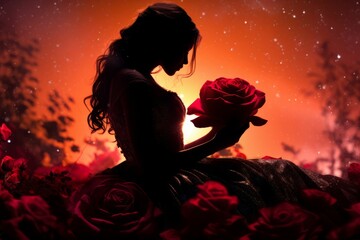 AI generated illustration of a silhouette of a woman holding a rose on a red background