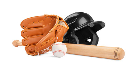 Baseball bat, ball, batting helmet and glove isolated on white