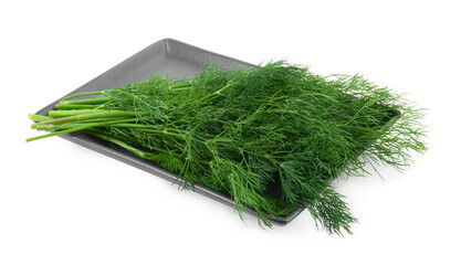 Plate with fresh dill isolated on white