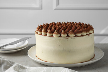 Delicious tiramisu cake with cocoa powder served on light grey textured table
