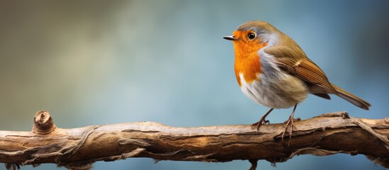 A robin from Europe scientifically known as Erithacus rubecula is captured in a portrait while perched on a branch - obrazy, fototapety, plakaty