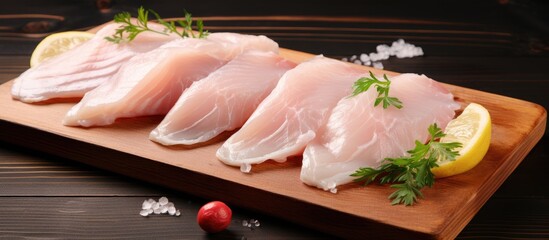 Fresh fillets of white fish displayed on a rustic backdrop made of a wooden board - obrazy, fototapety, plakaty