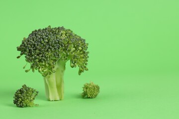 Fresh raw broccoli on light green background. Space for text