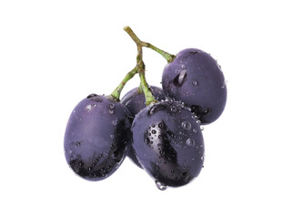 Delicious ripe dark blue grapes with water drops isolated on white