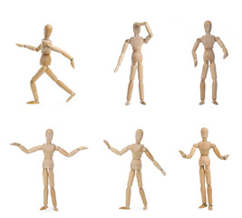 Wooden puppet on white background, collection of different poses