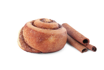 One tasty cinnamon roll and sticks isolated on white